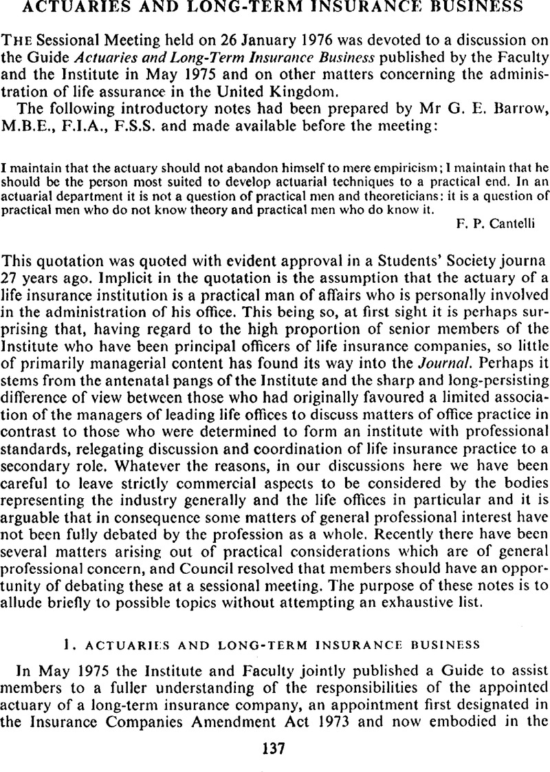 Actuaries And Long Term Insurance Business Introductory Notes Journal Of The Institute Of Actuaries Cambridge Core