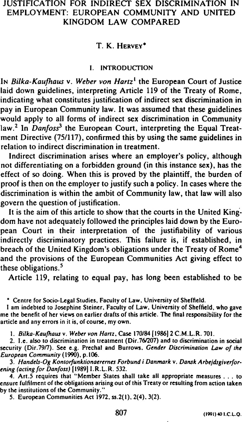 Justification for Indirect Sex Discrimination in Employment: European  Community and United Kingdom Law Compared | International & Comparative Law  Quarterly | Cambridge Core