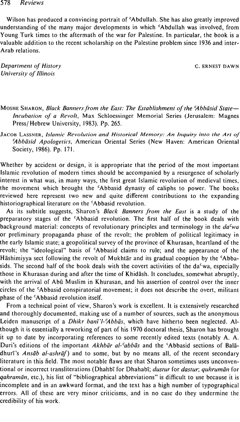 Moshe Sharon Black Banners From The East The Establishment Of The ʿabbasid State Incubation Of A Revolt Max Schloessinger Memorial Series Jerusalem Magnes Press Hebrew University 19 Pp 265 Jacob Lassner Islamic