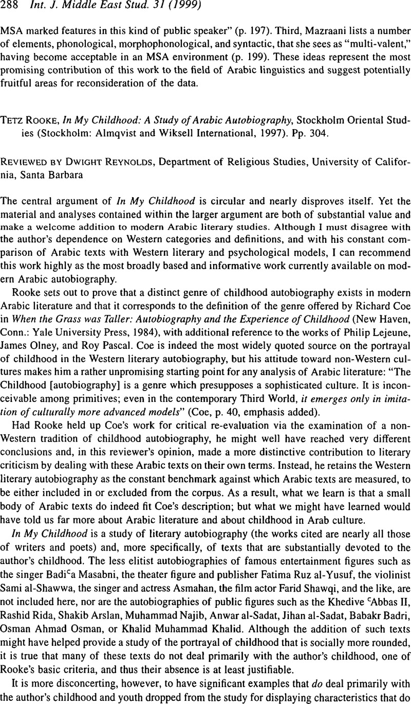 Tetz Rooke In My Childhood A Study Of Arabic Autobiography Stockholm Oriental Studies Stockholm Almqvist And Wiksell International 1997 Pp 304 International Journal Of Middle East Studies Cambridge Core