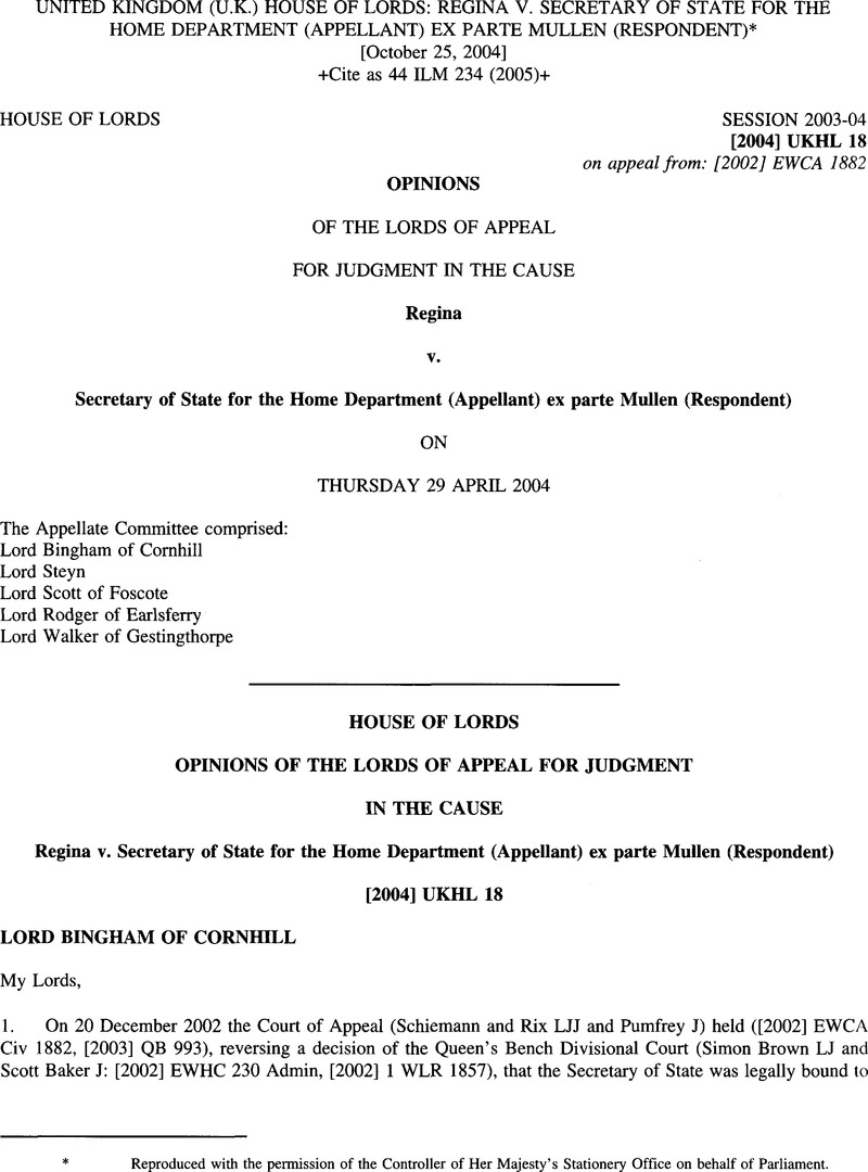 United Kingdom U K House Of Lords Regina V Secretary Of State For The Home Department Appellant Ex Parte Mullen Respondent International Legal Materials Cambridge Core