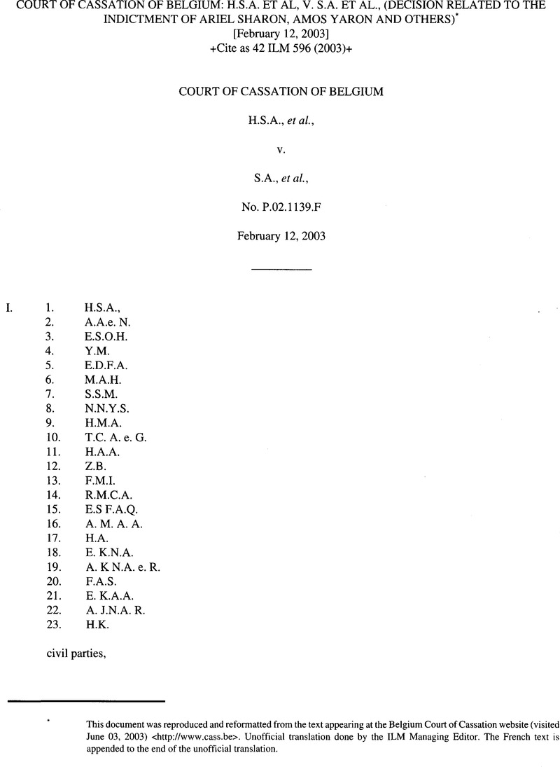 Court Of Cassation Of Belgium H S A Et Al V S A Et Al Decision Related To The Indictment Of Ariel Sharon Amos Yaron And Others International Legal Materials Cambridge Core