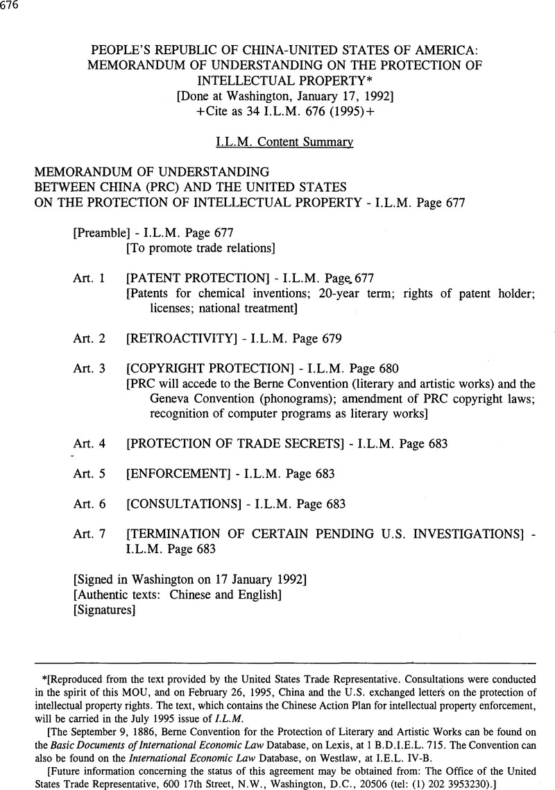 People's Republic of China-United States of America: Memorandum of  Understanding on the Protection of Intellectual Property | International  Legal Materials | Cambridge Core