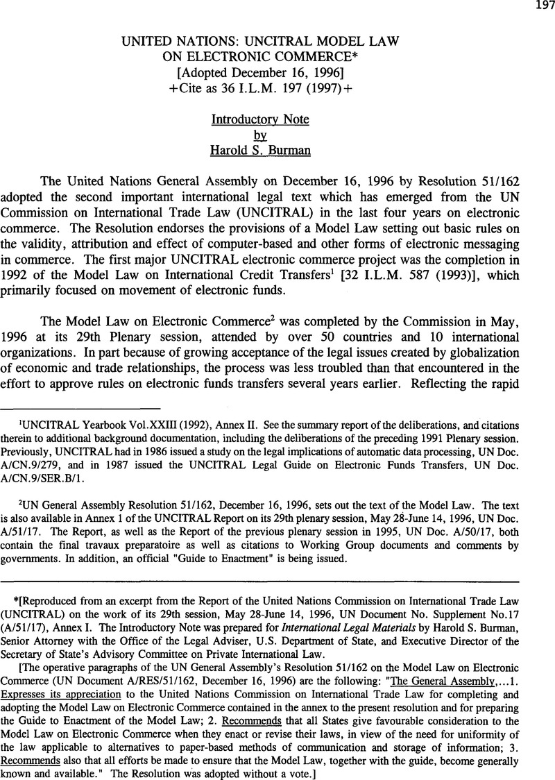 United Nations Uncitral Model Law On Electronic Commerce International Legal Materials Cambridge Core