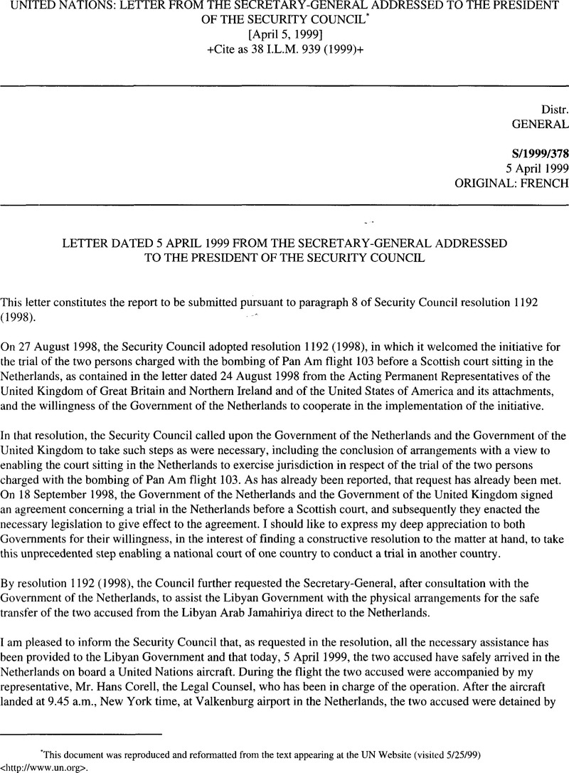 United Nations Letter From The Secretary General Addressed To The President Of The Security Council International Legal Materials Cambridge Core