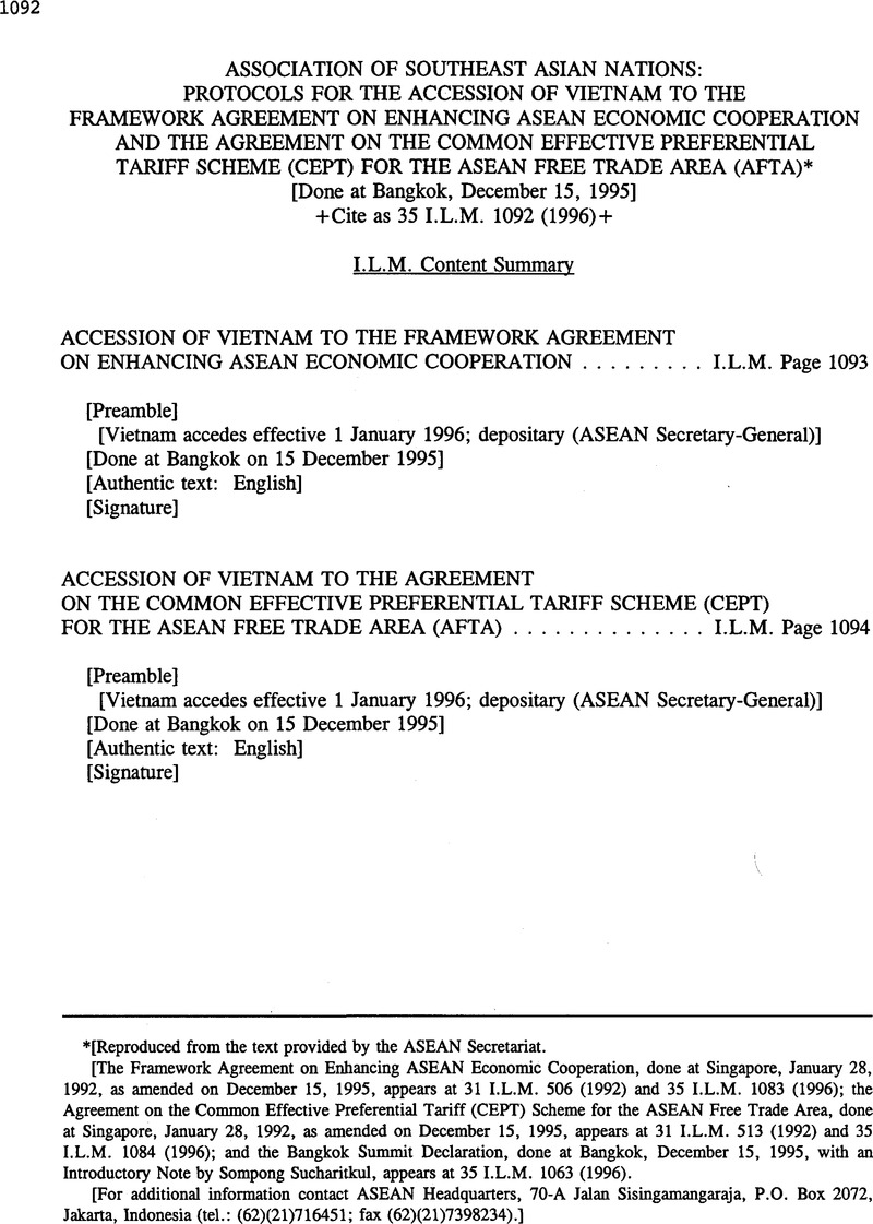 Association Of Southeast Asian Nations Protocols For The Accession Of Vietnam To The Framework Agreement On Enhancing Asean Economic Cooperation And The Agreement On The Common Effective Preferential Tariff Scheme Cept For