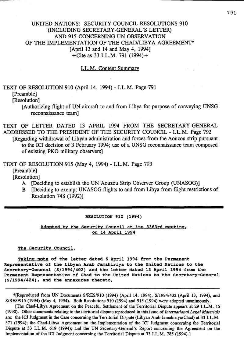 United Nations Security Council Resolutions 910 Including Secretary General S Letter And 915 Concerning Un Observation Of The Implementation Of The Chad Libya Agreement International Legal Materials Cambridge Core