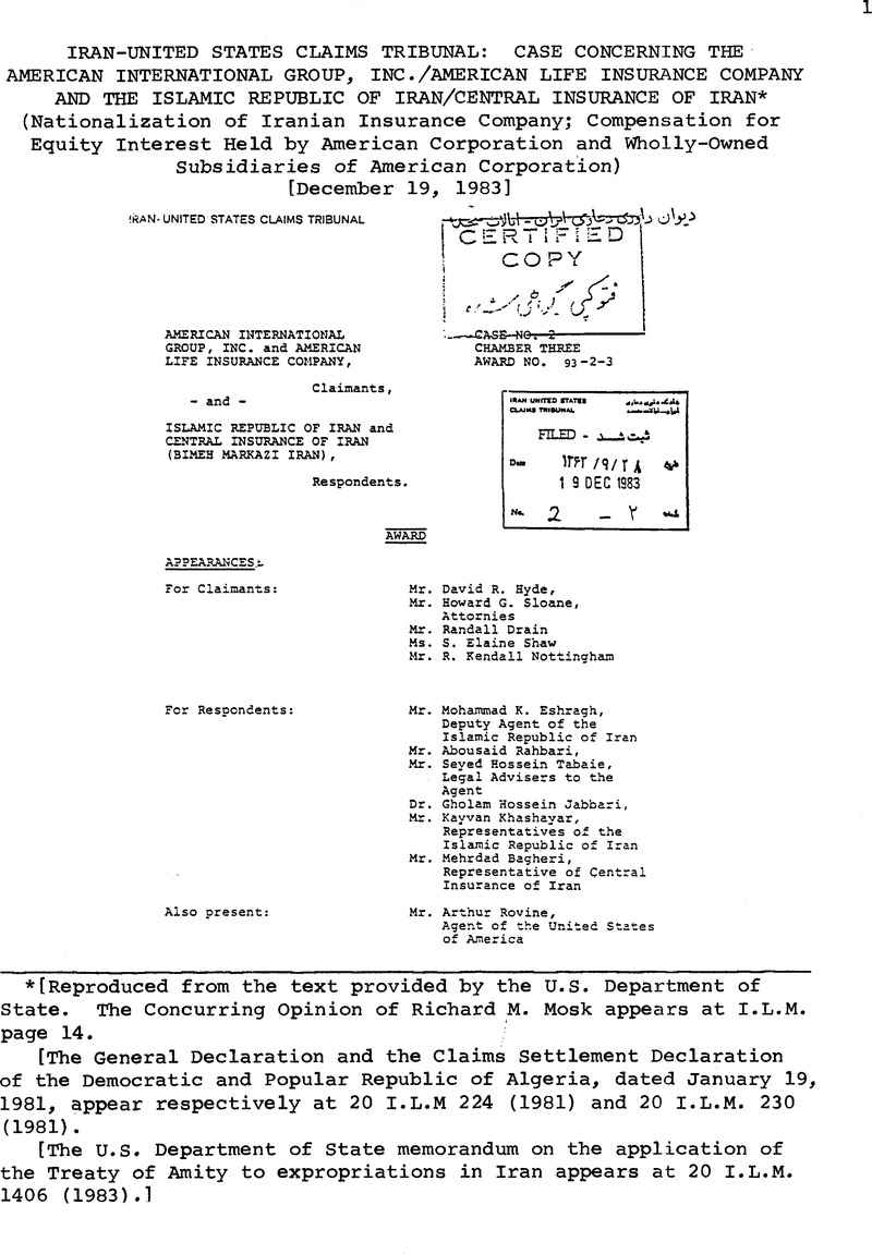 Iran United States Claims Tribunal Case Concerning The American International Group Inc American Life Insurance Company And The Islamic Republic Of Iran Central Insurance Of Iran Nationalization Of Iranian Insurance Company Compensation For Equity