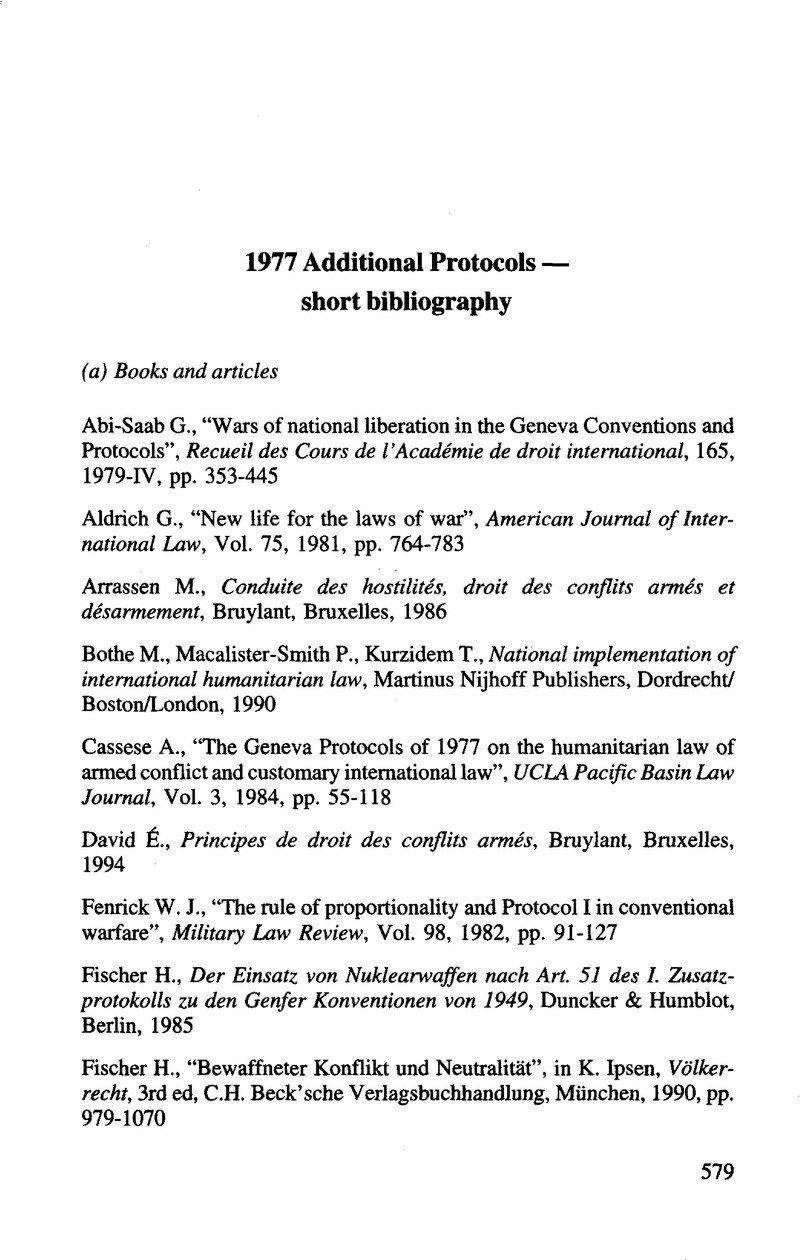 1977 Additional Protocols Short Bibliography International Review Of The Red Cross 1961 1997 Cambridge Core
