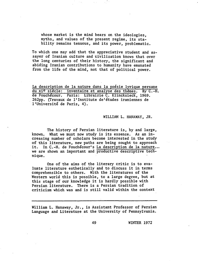 La Description De La Nature Dans La Poesie Lyrique Persane Du Xie Siecle Inventaire Et Analyse Des Themes By C H De Fouchecour Paris Librairie C Klincksieck 1969 262pp Travaux De L Institute De Etudes