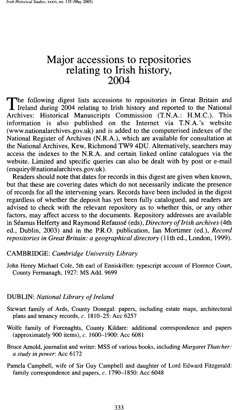 Major Accessions To Repositories Relating To Irish History 04 Irish Historical Studies Cambridge Core