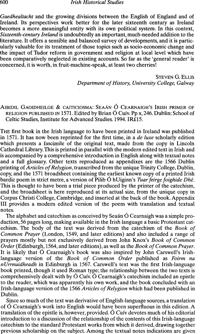 Aibidil Gaoidheilge Caiticiosma Seaan O Cearnaigh S Irish Primer Of Religion Published In 1571 Edited By Brian O Cuiv Pp X 246 Dublin School Of Celtic Studies Institute For Advanced Studies 1994