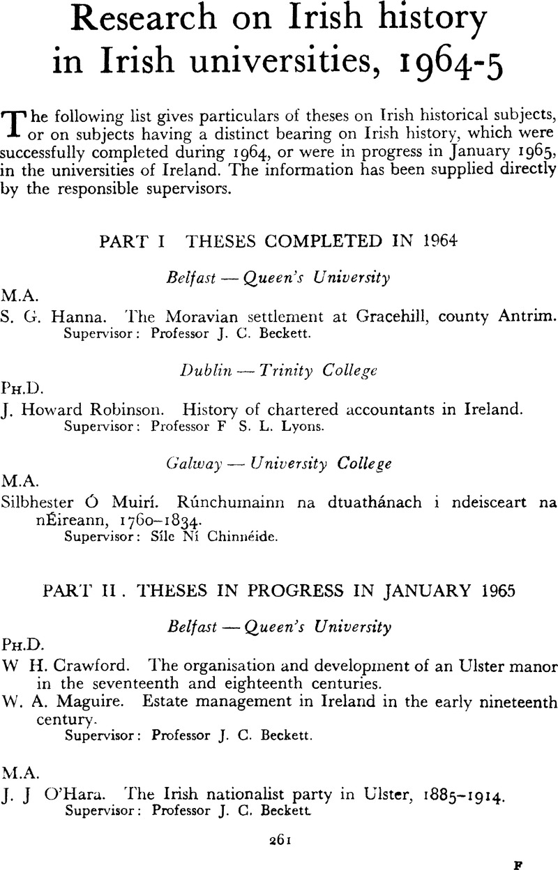 Research On Irish History In Irish Universities 1964 5 Irish Historical Studies Cambridge Core