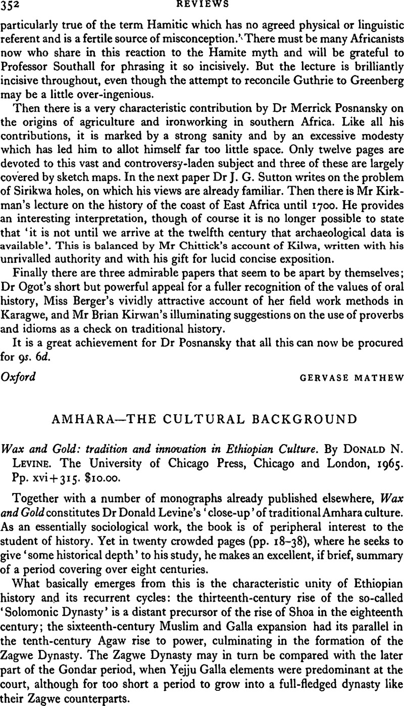 Amhara—The Cultural Background - Wax and Gold: tradition and innovation in  Ethiopian Culture. By Donald N. Levine. The University of Chicago Press,  Chicago and London, 1965. Pp. xvi+315. $. | The Journal