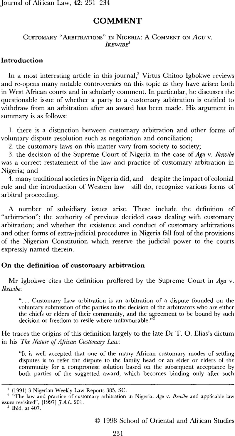 Customary A œarbitrationsa In Nigeria A Comment On Agu V Ikewibe 1 Journal Of African Law Cambridge Core