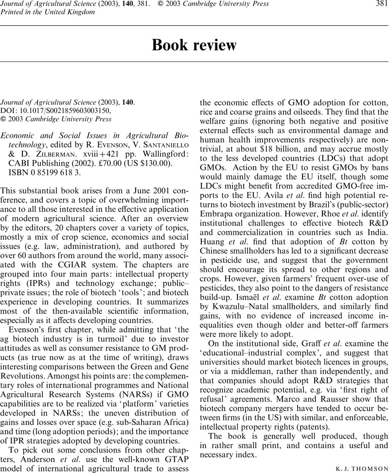 Economic And Social Issues In Agricultural Biotechnology Edited By R Evenson V Santaniello D Zilberman Xviii 421 Pp Wallingford Cabi Publishing 02 70 00 Us 130 00 Isbn 0 618 3 The Journal Of Agricultural Science Cambridge