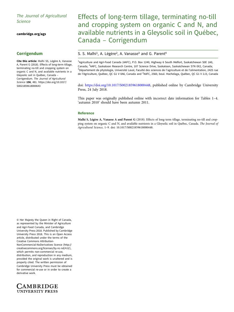 Effects Of Long Term Tillage Terminating No Till And Cropping System On Organic C And N And Available Nutrients In A Gleysolic Soil In Quebec Canada Corrigendum The Journal Of Agricultural Science