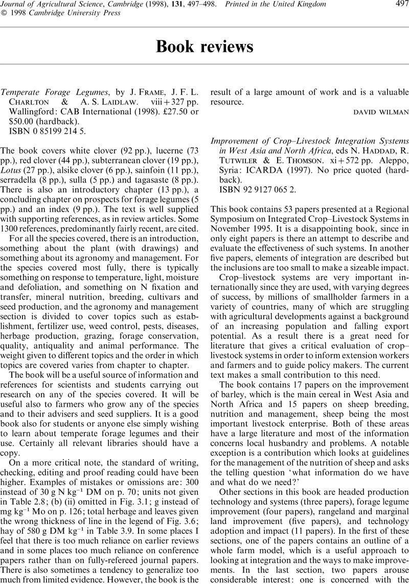 Temperate Forage Legumes By J Frame J F L Charlton A S Laidlaw Viii 327 Pp Wallingford Cab International 1998 27 50 Or 50 00 Hardback Isbn 0 85199 214 5 The Journal Of Agricultural Science Cambridge Core