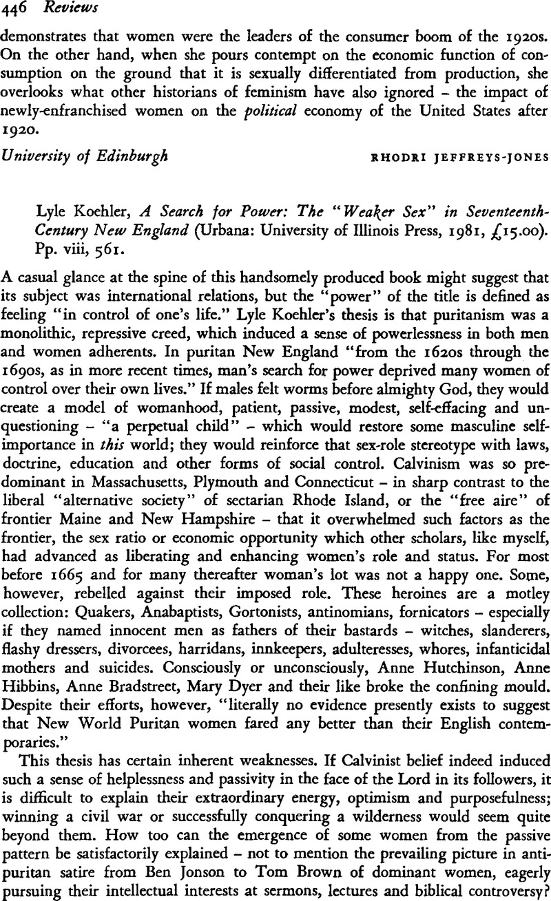 Lyle Koehler, A Search for Power The “Weaker Sex” in Seventeenth-Century New England (Urbana University of Illinois Press, 1981, £15.00). Pp picture