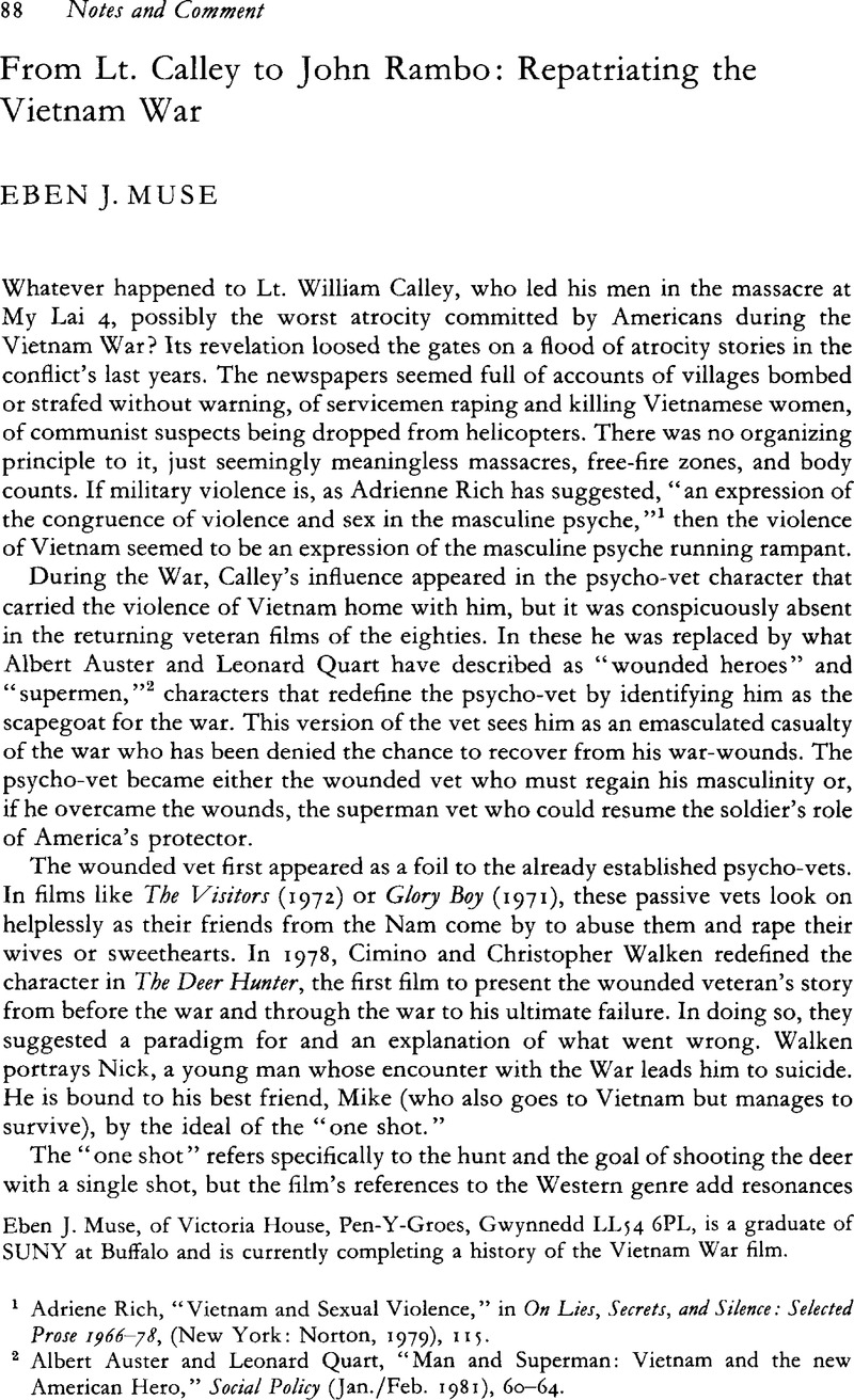 From Lt Calley To John Rambo Repatriating The Vietnam War Journal Of American Studies Cambridge Core