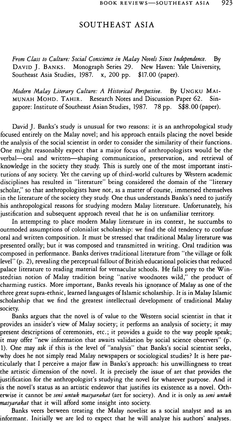 From Class To Culture Social Conscience In Malay Novels Since Independence By David J Banks Monograph Series 29 New Haven Yale University Southeast Asia Studies 1987 X 200 Pp 17 00 Paper