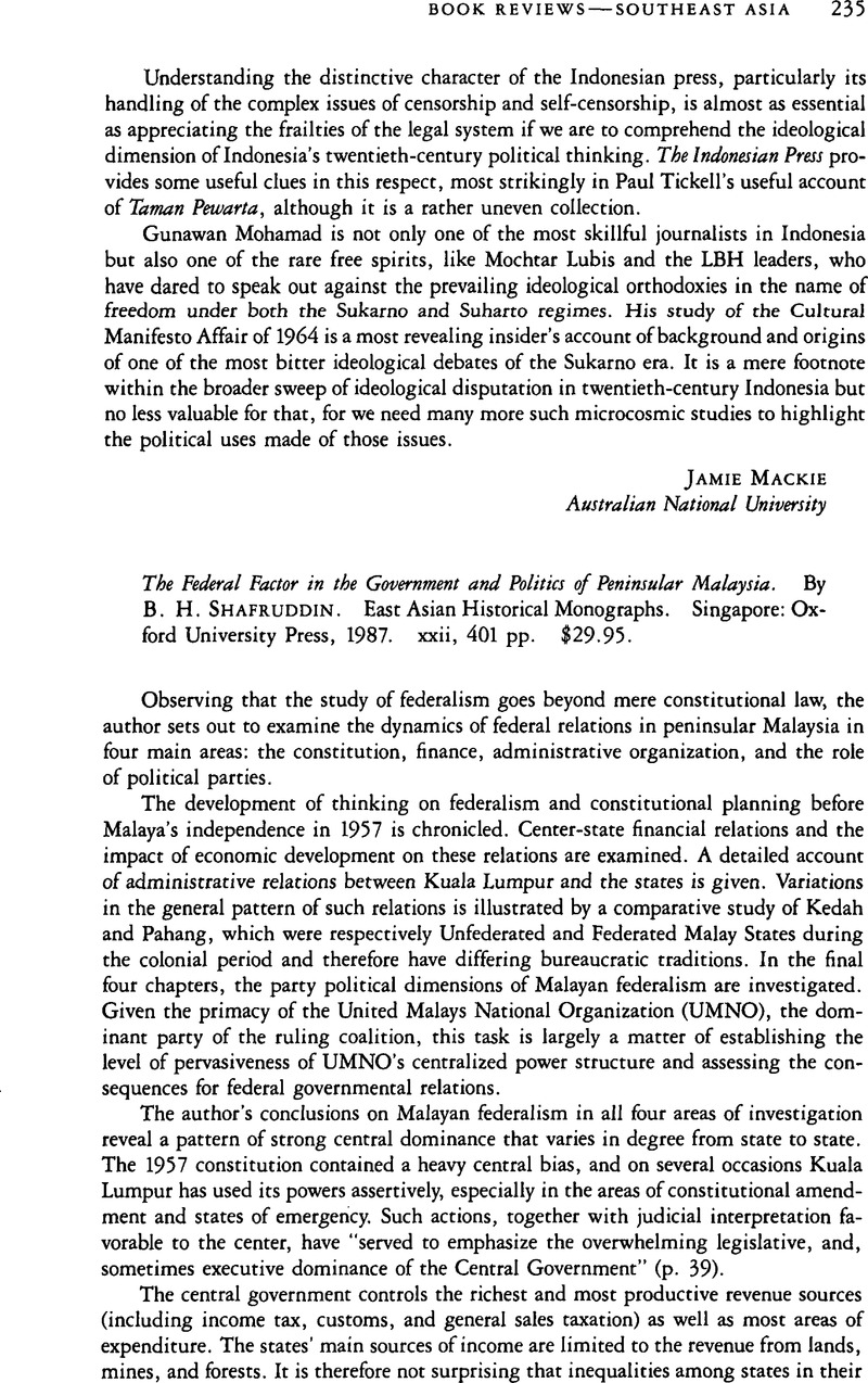 The Federal Factor In The Government And Politics Of Peninsular Malaysia By B H Shafruddin East Asian Historical Monographs Singapore Oxford University Press 1987 Xxiv 401 Pp 29 95 The Journal Of Asian Studies Cambridge Core