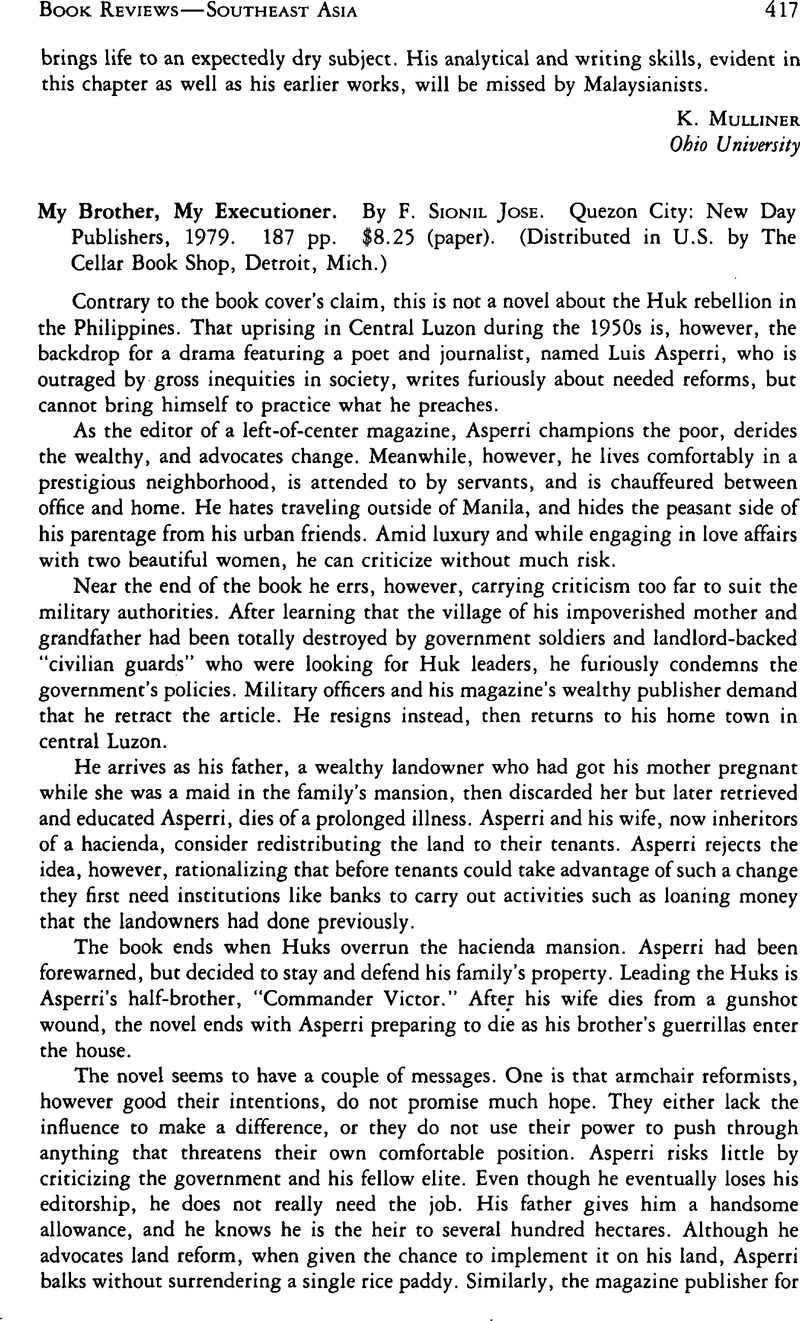 My Brother My Executioner By F Sionil Jose Quezon City New Day Publishers 1979 187 Pp 8 25 Paper Distributed In U S By The Cellar Book Shop Detroit Mich The Journal Of