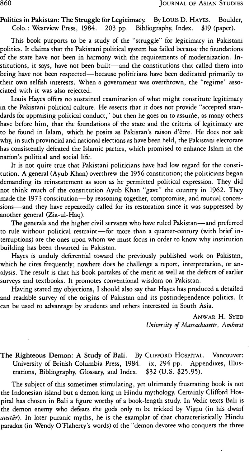 The Struggle for Legitimacy in Pakistan: Hayes, Louis