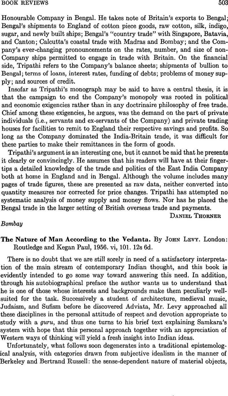 The Nature of Man According to the Vedanta. By John Levy. London: Routledge and Kegan Paul, 1956. vi, 12s 6d. | The Journal of Asian Studies | Cambridge Core
