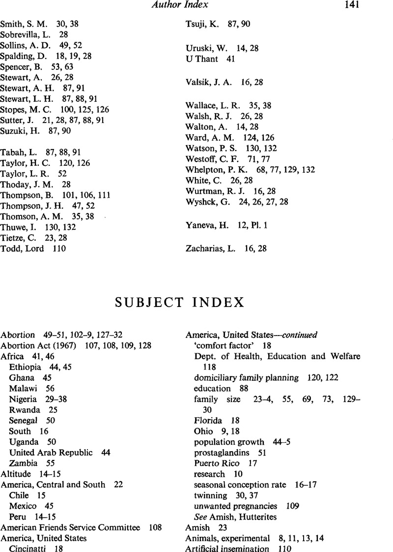 Subject Index Journal Of Biosocial Science Cambridge Core