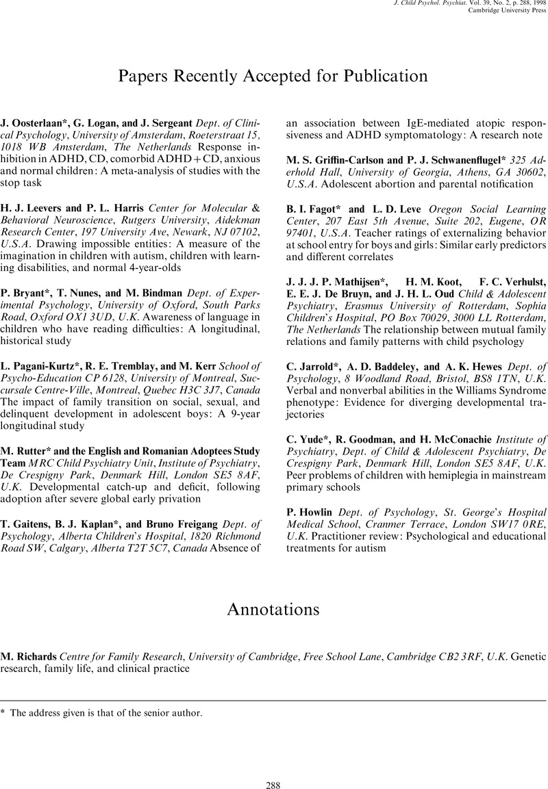 Papers Recently Accepted For Publication The Journal Of Child Psychology And Psychiatry And Allied Disciplines Cambridge Core