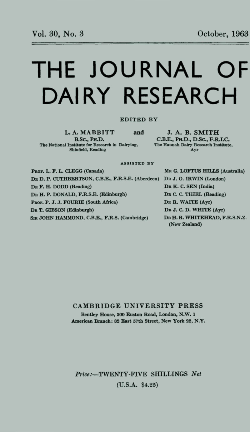Dar Volume 30 Issue 3 Cover And Front Matter Journal Of Dairy Research Cambridge Core