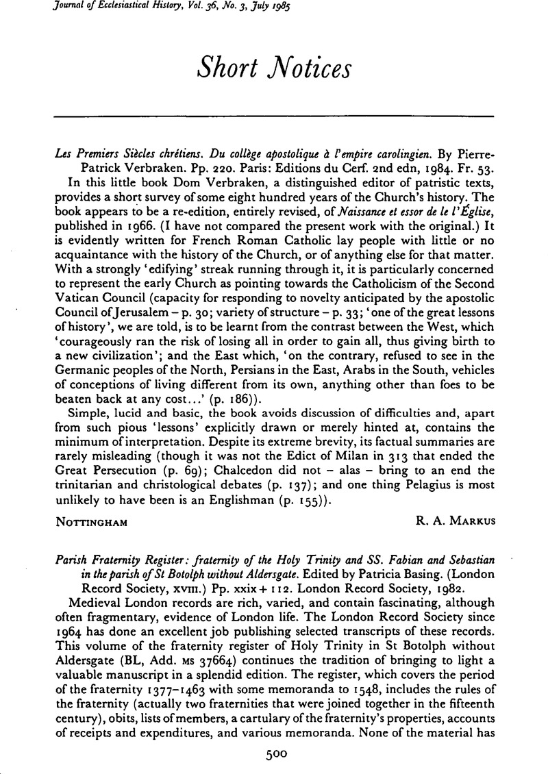 Les Premiers Siecles Chretiens Du College Apostolique A L Empire Carolingien By Pierre Patrick Verbraken Pp 2 Paris Editions Du Cerf 2nd Edn 1984 Fr 53 The Journal Of Ecclesiastical History Cambridge Core