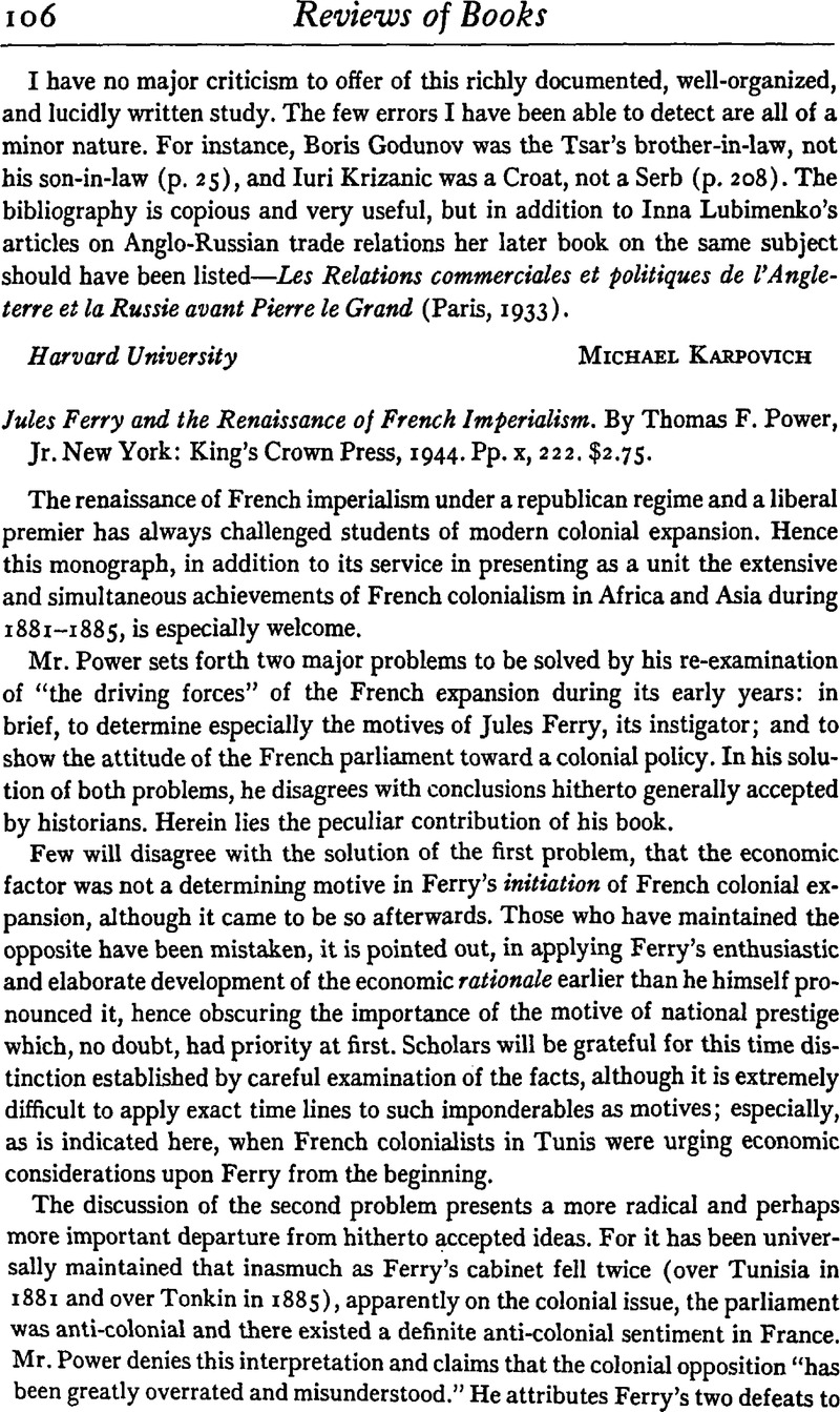 Jules Ferry And The Renaissance Of French Imperialism By Thomas F Power Jr New York King S Crown Press 1944 Pp X 222 2 75 The Journal Of Economic History Cambridge Core