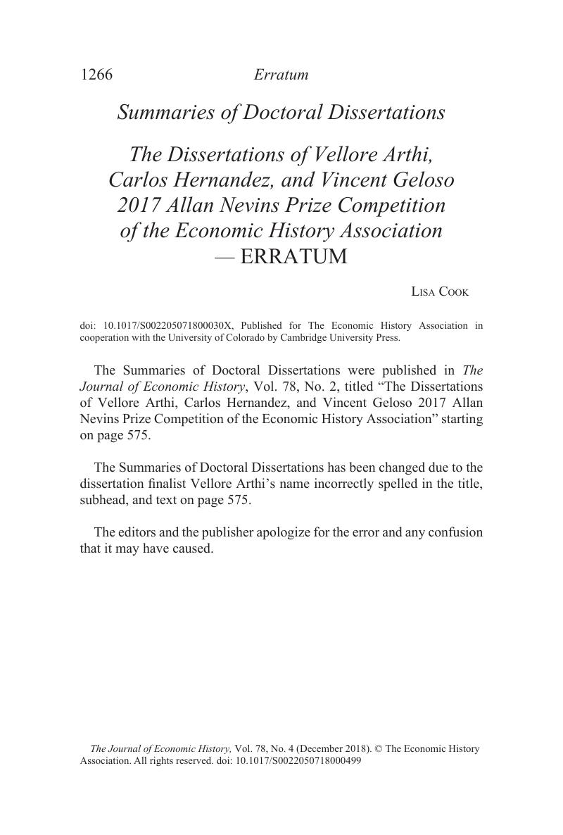 The Dissertation Of Vellore Arthi Carlo Hernandez And Vincent Geloso 2017 Allan Nevin Prize Competition Economic History Association Erratum Journal Cambridge Core 