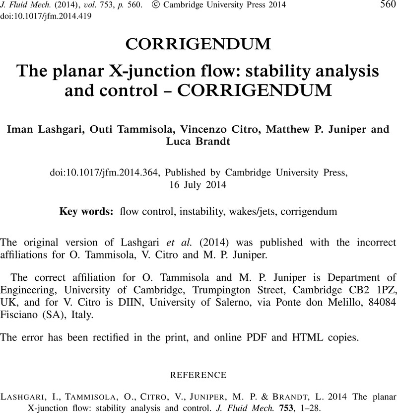The Planar X Junction Flow Stability Analysis And Control Corrigendum Journal Of Fluid Mechanics Cambridge Core