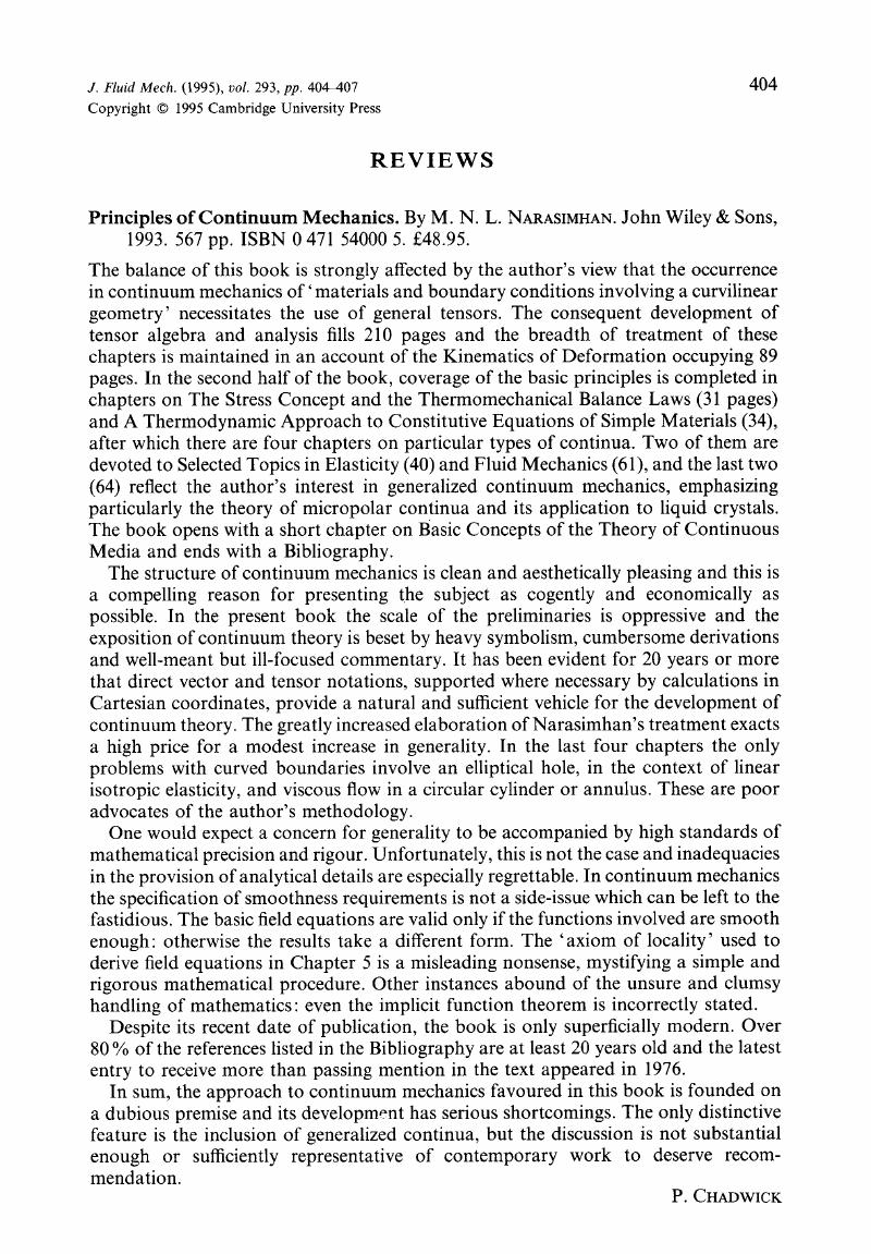 Principles Of Continuum Mechanics By M N L Narasimhan John Wiley Sons 1993 567 Pp Isbn 0 471 5 A 48 95 Journal Of Fluid Mechanics Cambridge Core