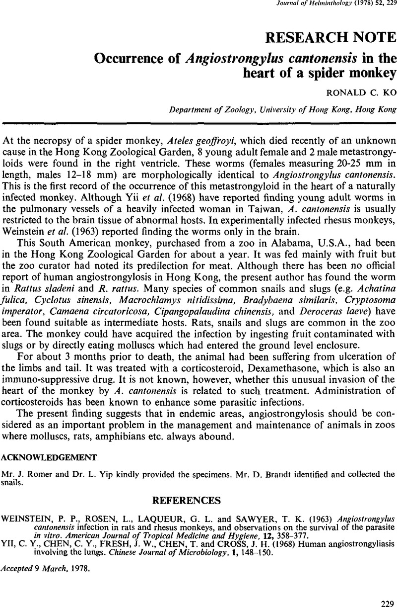 Occurrence Of Angiostrongylus Cantonensis In The Heart Of A Spider Monkey Journal Of Helminthology Cambridge Core