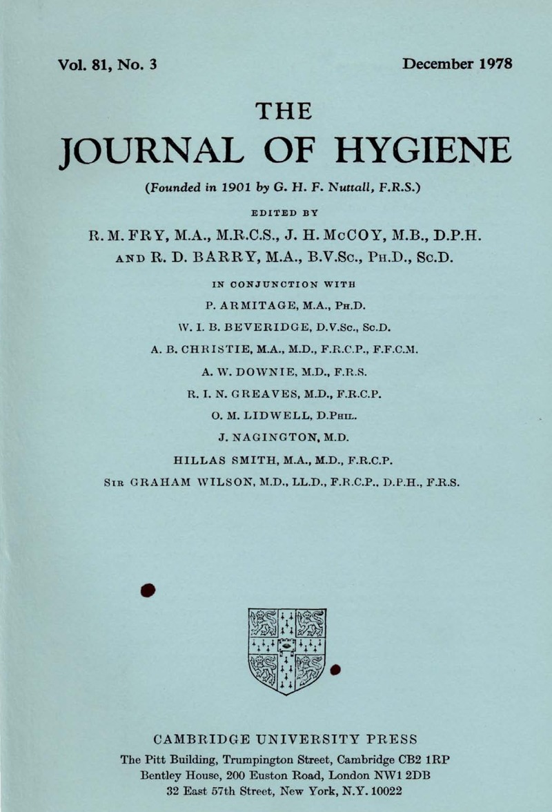 Hyg Volume 81 Issue 3 Cover And Front Matter Epidemiology Infection Cambridge Core