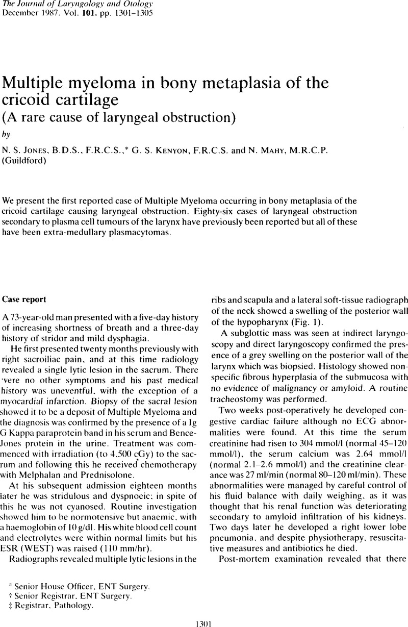 Multiple Myeloma In Bony Metaplasia Of The Cricoid Cartilage The Journal Of Laryngology Otology Cambridge Core