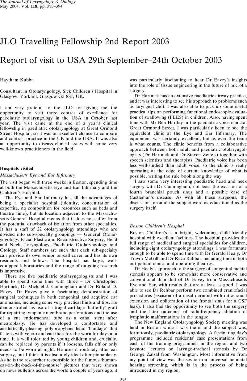 Report Of Visit To Usa 29th September 24th October 03 The Journal Of Laryngology Otology Cambridge Core