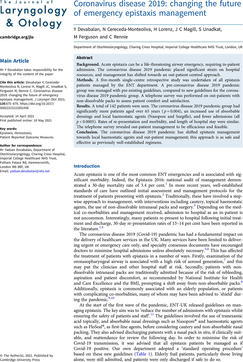 Coronavirus Disease 19 Changing The Future Of Emergency Epistaxis Management The Journal Of Laryngology Otology Cambridge Core