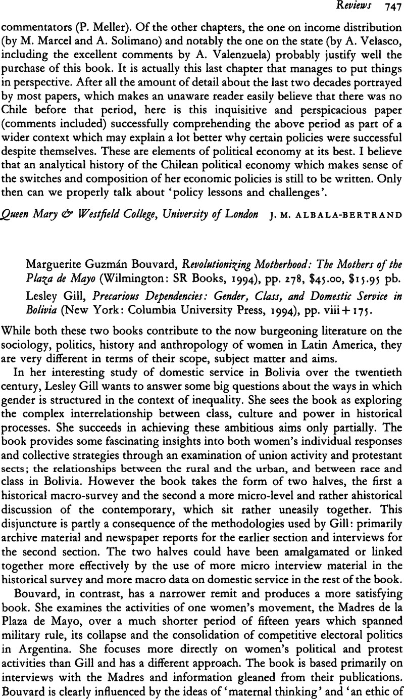 Marguerite Guzmán Bouvard, Revolutionizing Motherhood: The Mothers of the  Plaza de Mayo (Wilmington: SR Books, 1994), pp. 278, $45.00, $15.95 pb. -  Lesley Gill, Precarious Dependencies: Gender, Class, and Domestic Service in