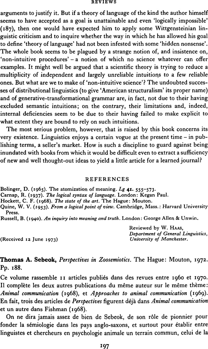 Thomas A. Sebeok, Perspectives in Zoosemiotics. The Hague: Mouton, 1972.  Pp. 188. - Robert A. Hinde (ed.), Non-verbal communication. Cambridge:  University Press, 1972. Pp. xiii + 443. | Journal of Linguistics |  Cambridge Core