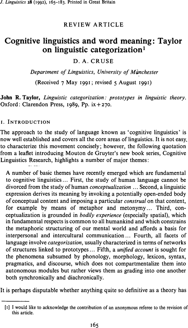Cognitive Linguistics And Word Meaning Taylor On Linguistic