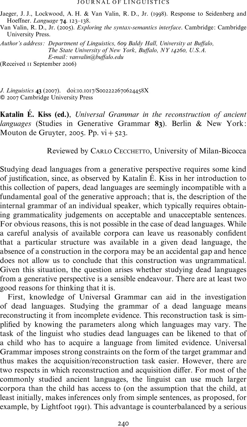 Katalin E Kiss Ed Universal Grammar In The Reconstruction Of Ancient Languages Studies In Generative Grammar Berlin New York Mouton De Gruyter 05 Pp Vi 523 Journal Of Linguistics Cambridge Core