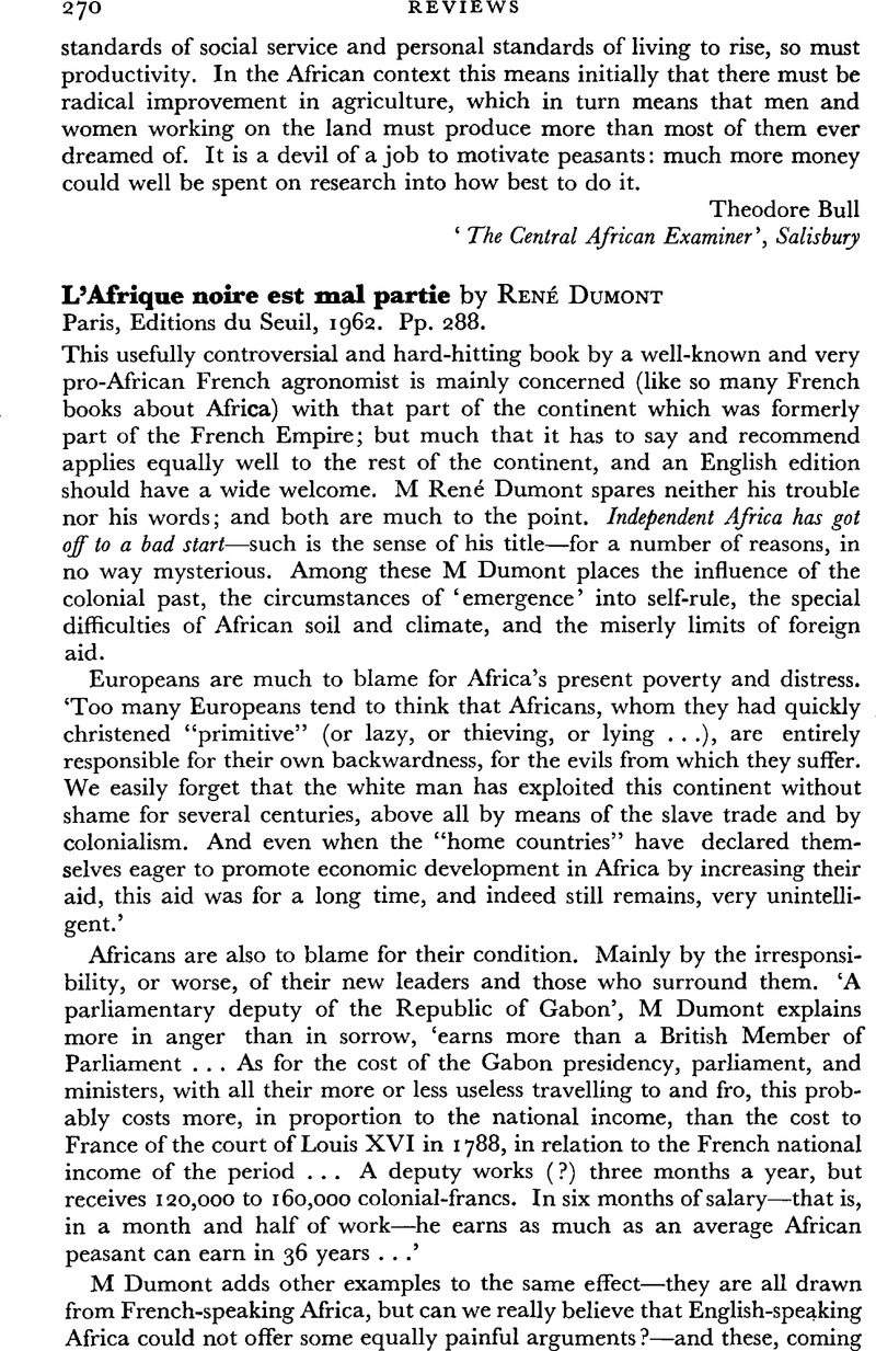 L Afrique Noire Est Mal Partie By Dumont Rene Paris Editions Du Seuil 1962 Pp 2 The Journal Of Modern African Studies Cambridge Core
