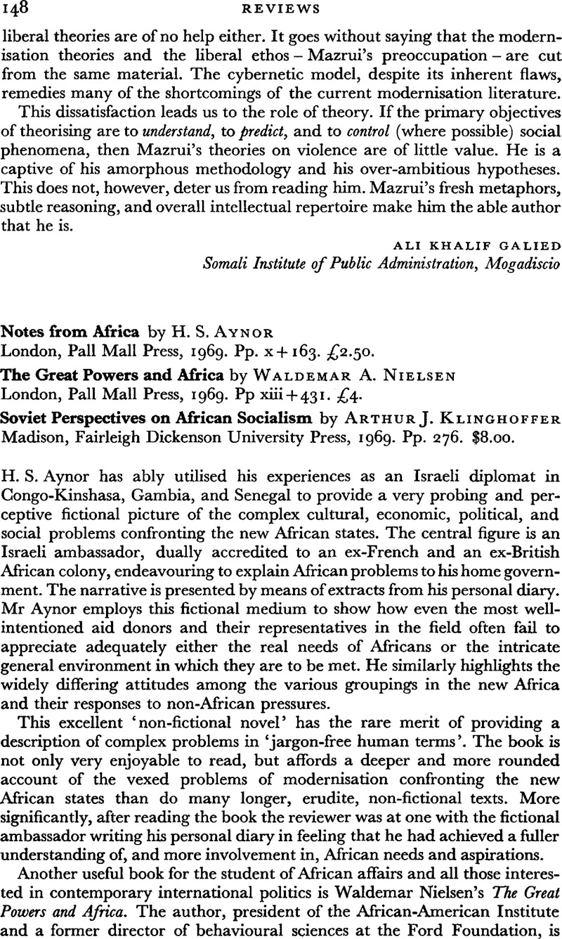 Notes From Africa By H S Aynor London Pall Mall Press 1969 Pp X 163 A 2 50 The Great Powers And Africa By Waldemar A Nielsen London Pall Mall Press 1969