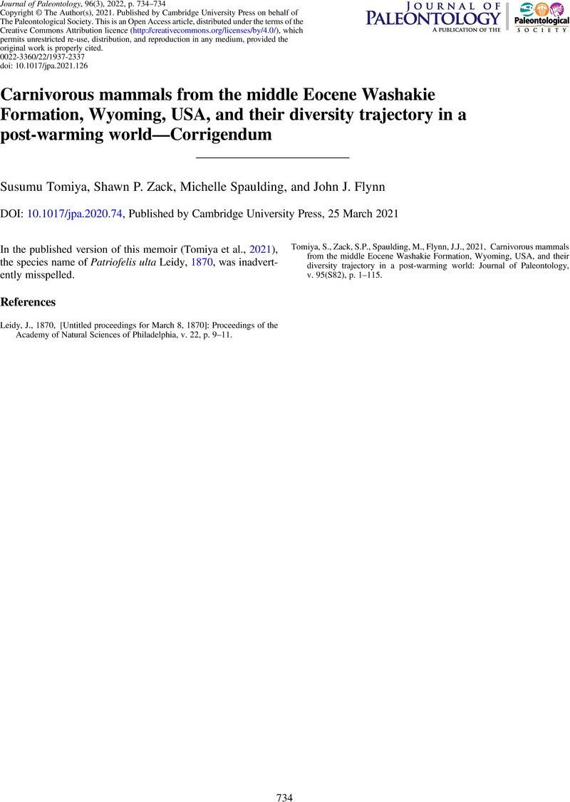 Carnivorous mammals from the middle Eocene Washakie Formation, Wyoming,  USA, and their diversity trajectory in a post-warming world, Journal of  Paleontology