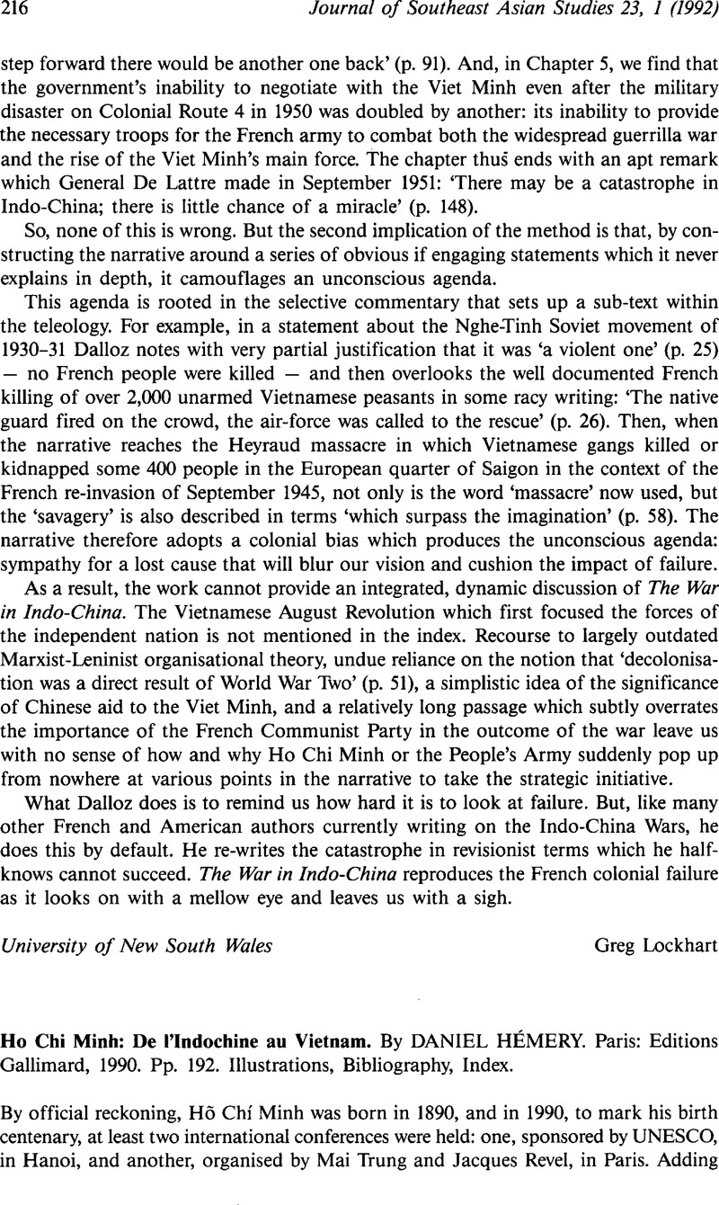 Ho Chi Minh De L Indochine Au Vietnam By Daniel Hemery Paris Editions Gallimard 1990 Pp 192 Illustrations Bibliography Index Journal Of Southeast Asian Studies Cambridge Core